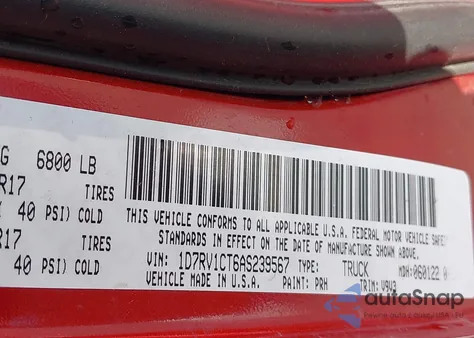 2010 Dodge Ram 1500 St из США, поврежденный, VIN 1D7RV1CT6AS239567